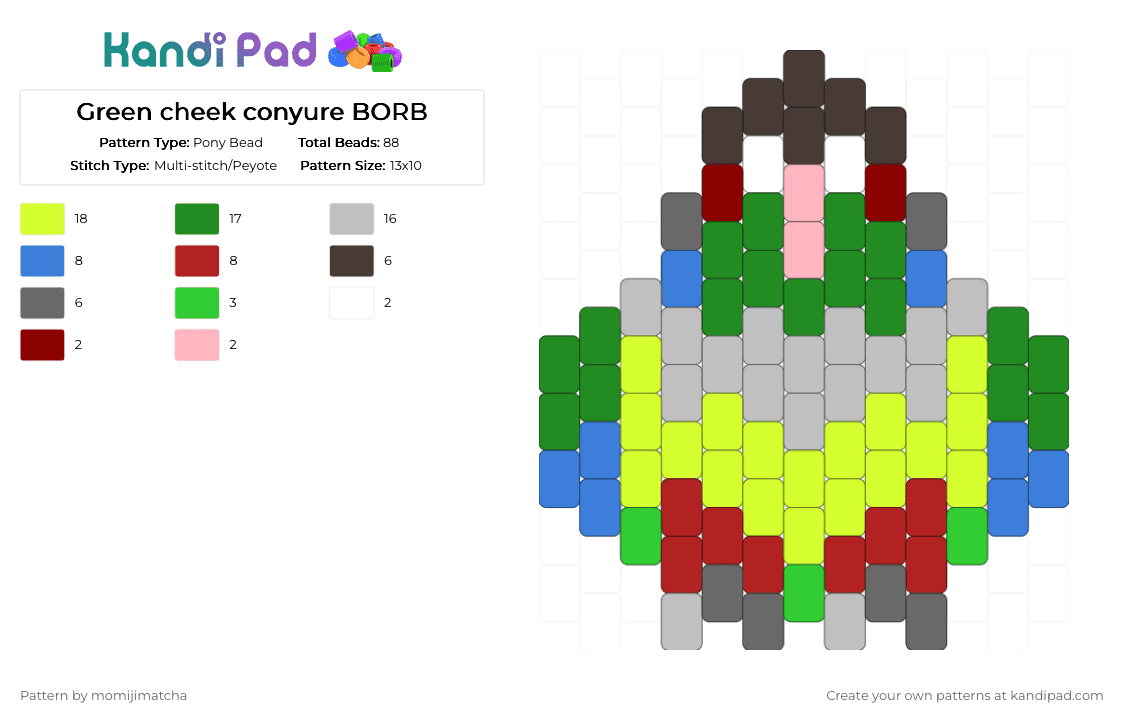 Green cheek conyure BORB - Pony Bead Pattern by momijimatcha on Kandi Pad - red,green,beige,yellow,bird,parrot