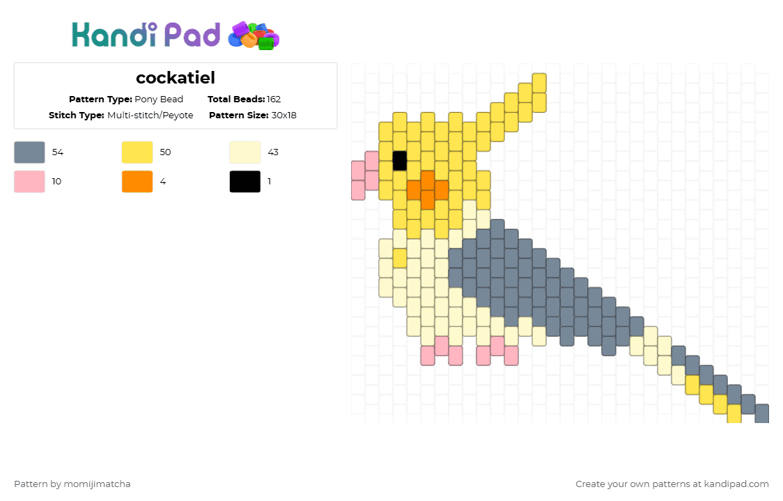 cockatiel - Pony Bead Pattern by momijimatcha on Kandi Pad - yellow,gray
