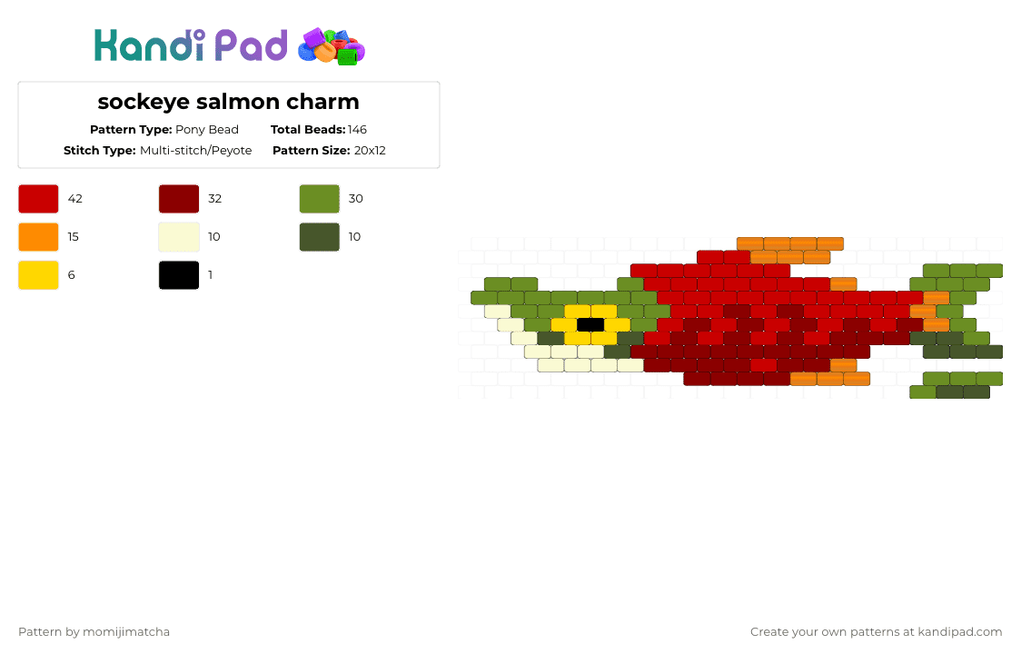 sockeye salmon charm - Pony Bead Pattern by momijimatcha on Kandi Pad - green,red,fish