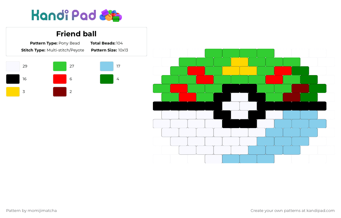 Friend ball - Pony Bead Pattern by momijimatcha on Kandi Pad - friend ball,pokeball,pokemon,ball,anime,video game,gaming,green,light blue