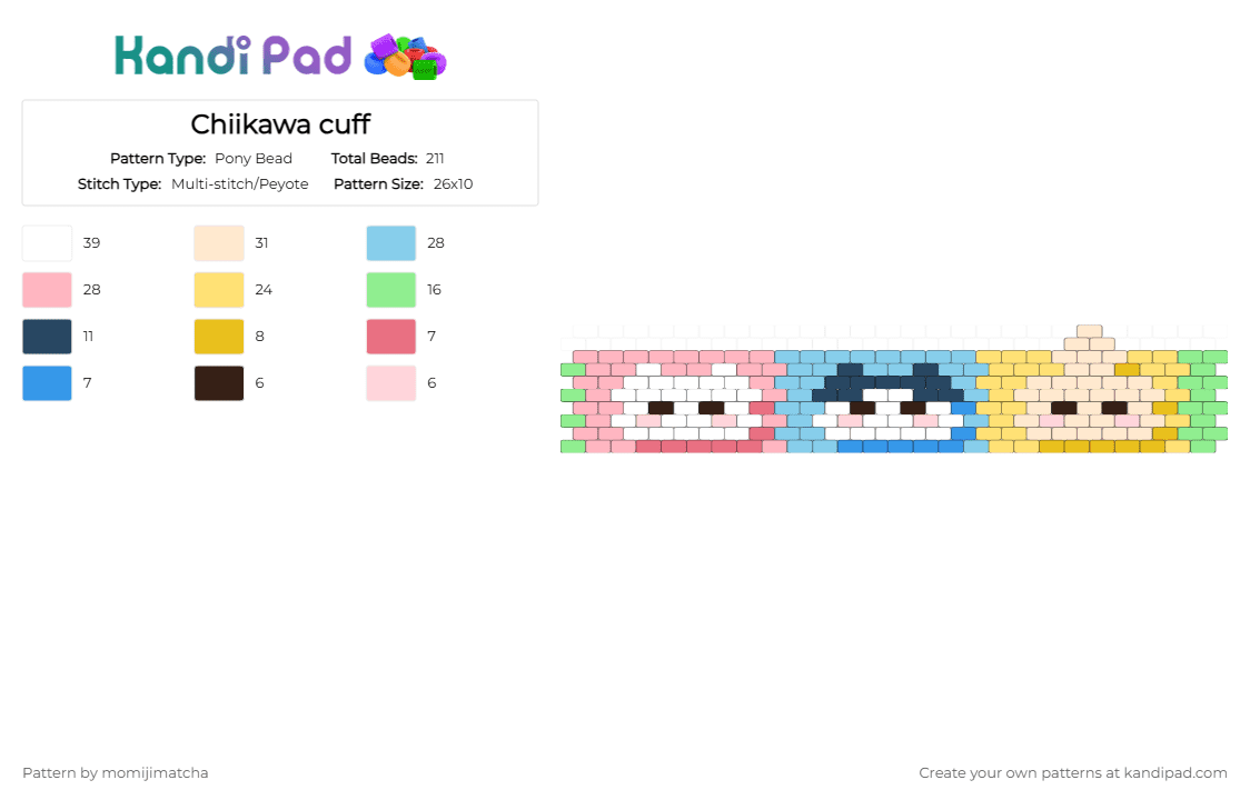 Chiikawa cuff - Pony Bead Pattern by momijimatcha on Kandi Pad - light blue,pink,yellow,beige,anime,animals