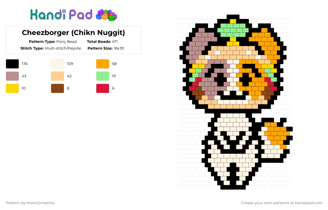 Cheezborger (Chikn Nuggit) - Pony Bead Pattern by momijimatcha on Kandi Pad - beige,orange,character,cat,hamburger