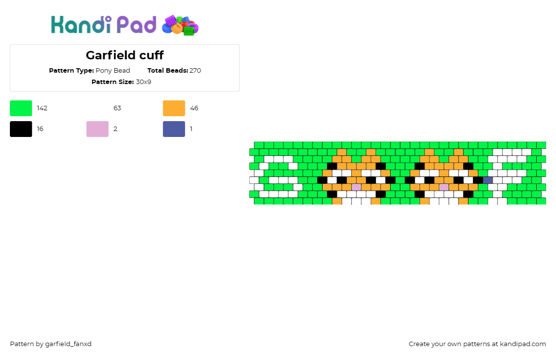 Garfield cuff - Pony Bead Pattern by garfield_fanxd on Kandi Pad - garfield,comic,cat,character,cuff,green,orange