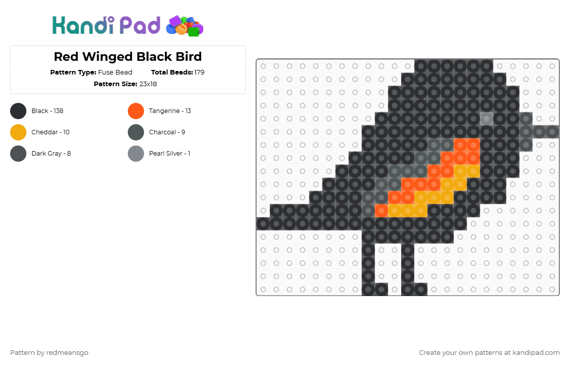 Red Winged Black Bird - Fuse Bead Pattern by redmeansgo on Kandi Pad - black,orange
