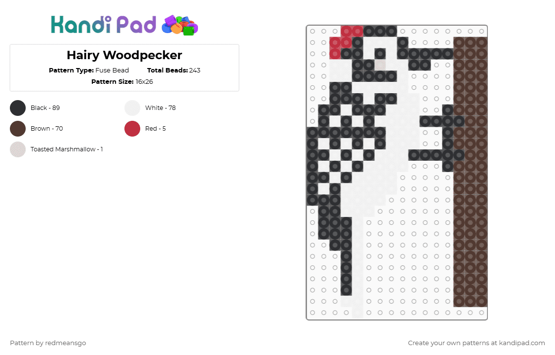 Hairy Woodpecker - Fuse Bead Pattern by redmeansgo on Kandi Pad - white,brown