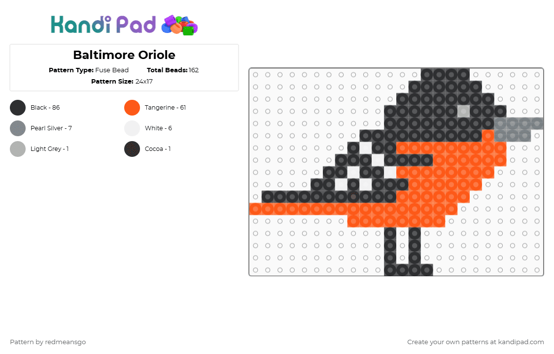 Baltimore Oriole - Fuse Bead Pattern by redmeansgo on Kandi Pad - black,orange