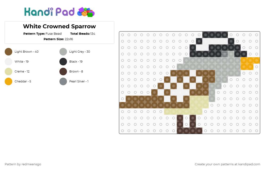 White Crowned Sparrow - Fuse Bead Pattern by redmeansgo on Kandi Pad - sparrow,bird,animal,simple,charm,beige,tan