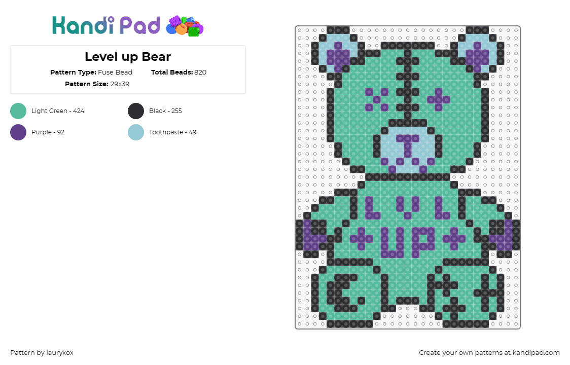 Level up Bear - Fuse Bead Pattern by lauryxox on Kandi Pad - level up,teddy,bear,zombie,stitches,cute,dj,edm,music,green,purple