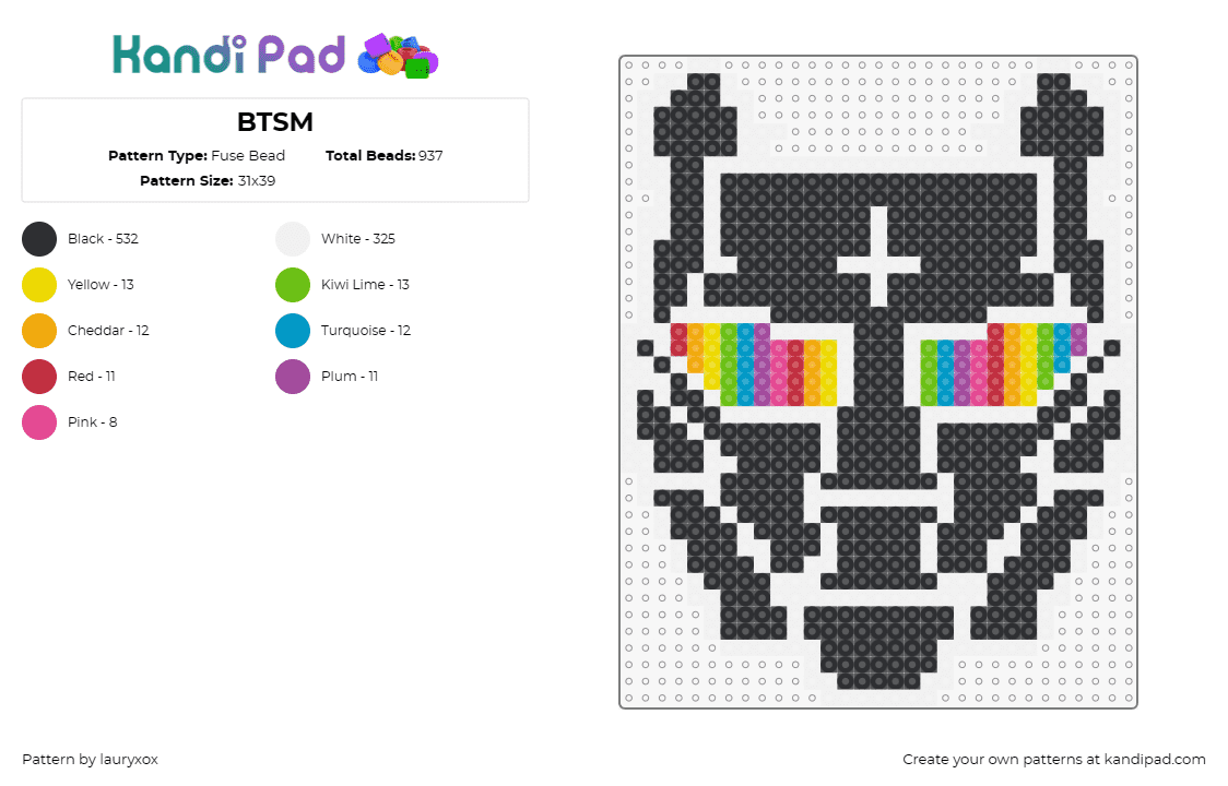 BTSM - Fuse Bead Pattern by lauryxox on Kandi Pad - btsm,black tiger sex machine,mask,dj,edm,music,black,colorful