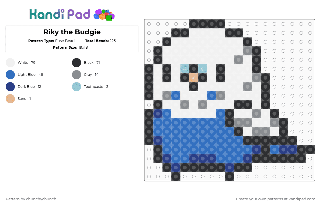 Riky the Budgie - Fuse Bead Pattern by chunchychunch on Kandi Pad - white,blue