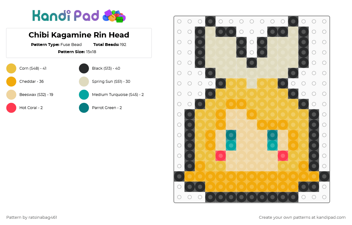 Chibi Kagamine Rin Head - Fuse Bead Pattern by ratsinabag461 on Kandi Pad - beige,yellow,orange