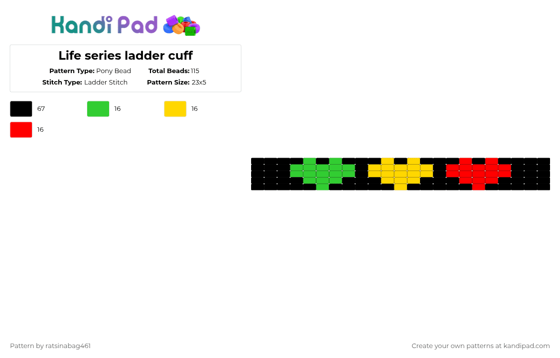 Life series ladder cuff - Pony Bead Pattern by ratsinabag461 on Kandi Pad - black,green,yellow,red