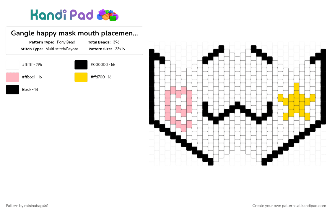 Gangle happy mask mouth placement raised - Pony Bead Pattern by ratsinabag461 on Kandi Pad - pink, white, yellow