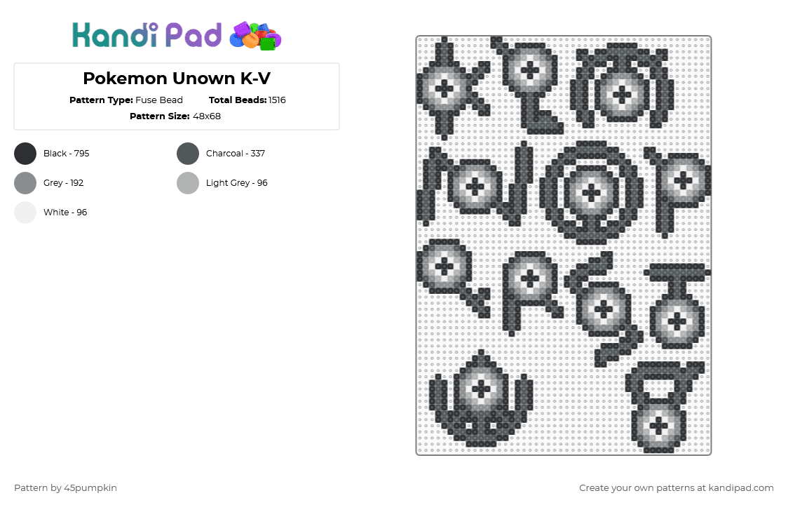 Pokemon Unown K-V - Fuse Bead Pattern by 45pumpkin on Kandi Pad - pokemon,text,gaming,video game,black,pink