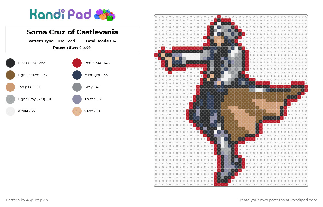 Soma Cruz of Castlevania - Fuse Bead Pattern by 45pumpkin on Kandi Pad - red,gray,tan