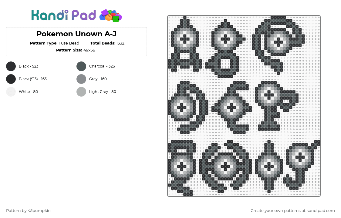 Pokemon Unown A-J - Fuse Bead Pattern by 45pumpkin on Kandi Pad - pokemon,text,gaming,video game,black,pink