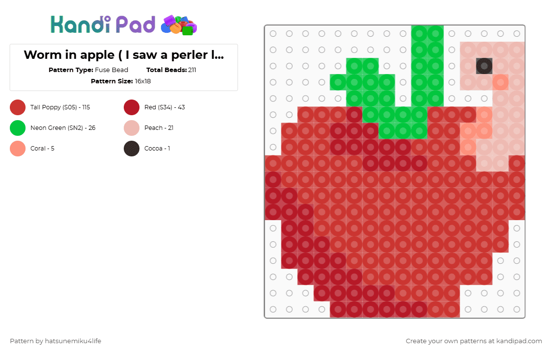 Worm in apple ( I saw a perler like this at a craft fair and i wanted a reason to make it a pattern :P ) - Fuse Bead Pattern by hatsunemiku4life on Kandi Pad - red,cotdcraftfair