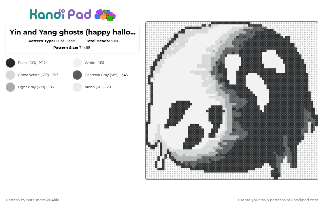 Yin and Yang ghosts (happy halloweeeeenennnnweneen) - Fuse Bead Pattern by hatsunemiku4life on Kandi Pad - ghosts,yin yang,halloween,spooky,spirits,ghost,holiday,white,cotdhalloween2025