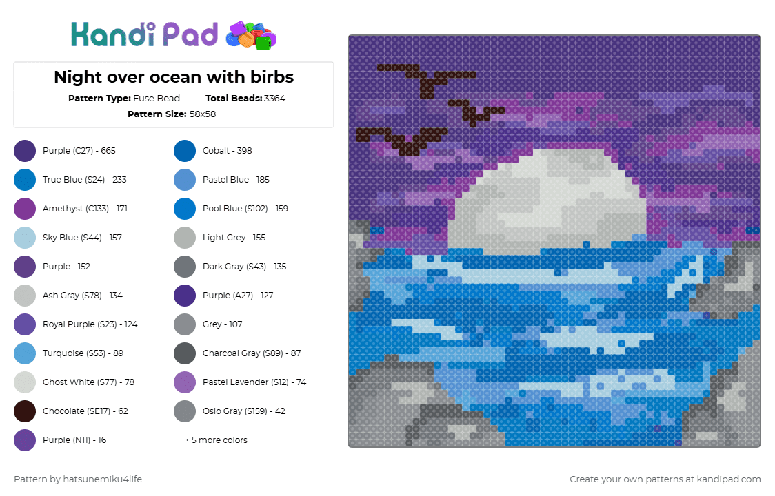 Night over ocean with birbs - Fuse Bead Pattern by hatsunemiku4life on Kandi Pad - purple,blue,light blue