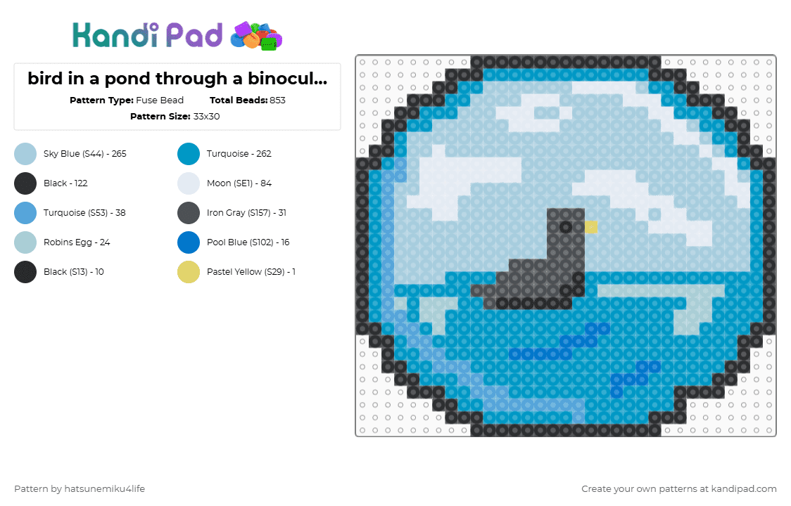bird in a pond through a binocular lens - Fuse Bead Pattern by hatsunemiku4life on Kandi Pad - light blue,cotdbinoculars,birb