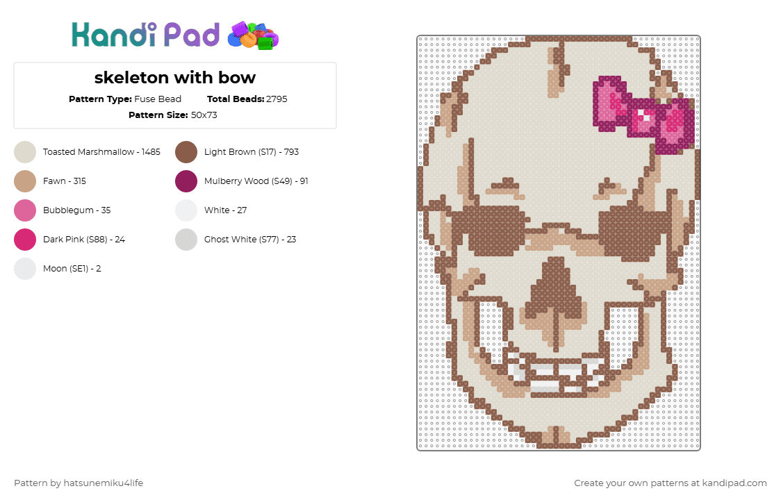 skeleton with bow - Fuse Bead Pattern by hatsunemiku4life on Kandi Pad - beige,cotdhalloween2025