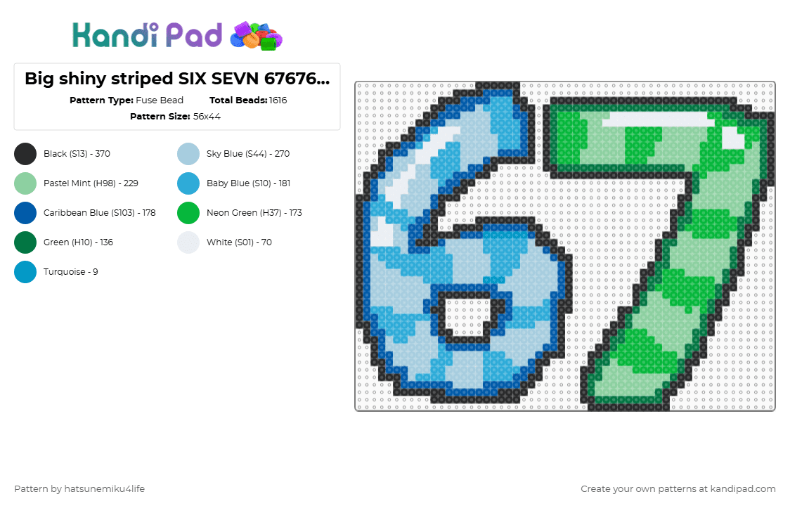 Big shiny striped SIX SEVN 67676767676767676767676767 - Fuse Bead Pattern by hatsunemiku4life on Kandi Pad - light blue,green,67,sixseven,six seven,six,seven,6,7