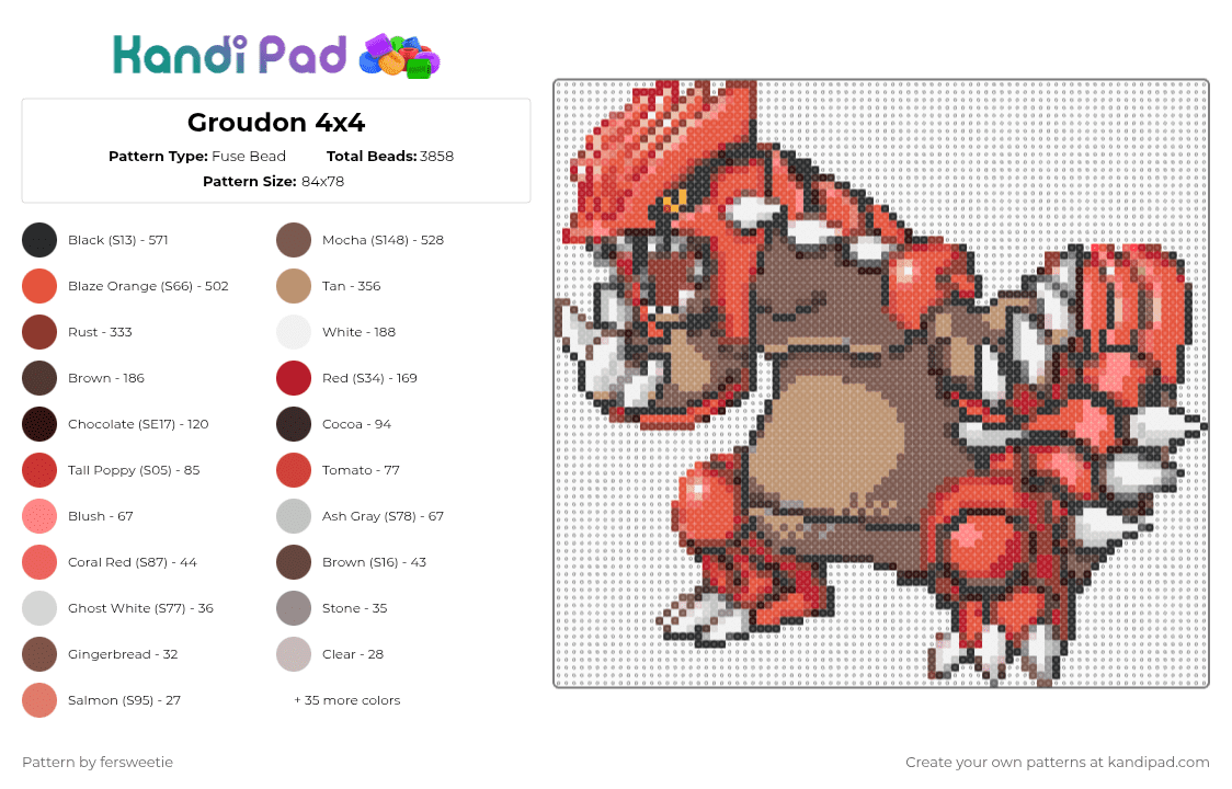 Groudon 4x4 - Fuse Bead Pattern by fersweetie on Kandi Pad - red,beige,brown,tan,pokemon,groudon,mini beads