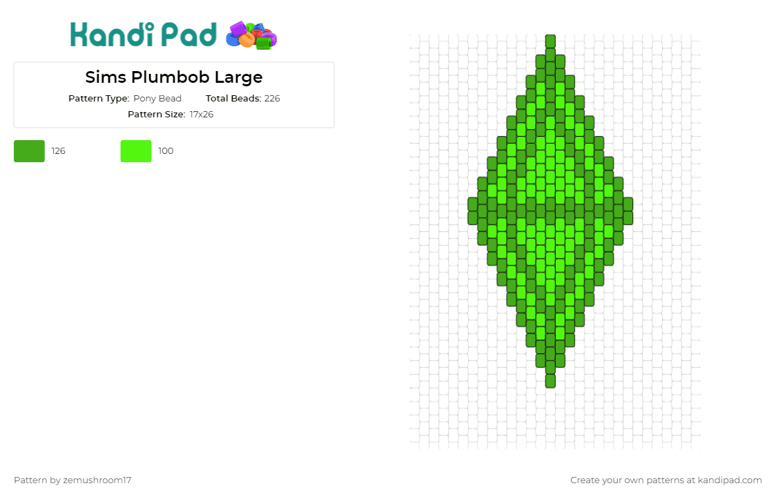 Sims Plumbob Large - Pony Bead Pattern by zemushroom17 on Kandi Pad - sims,plumb bob,video games,symbol,fans,iconic,virtual,quintessential,gaming,emblem,green