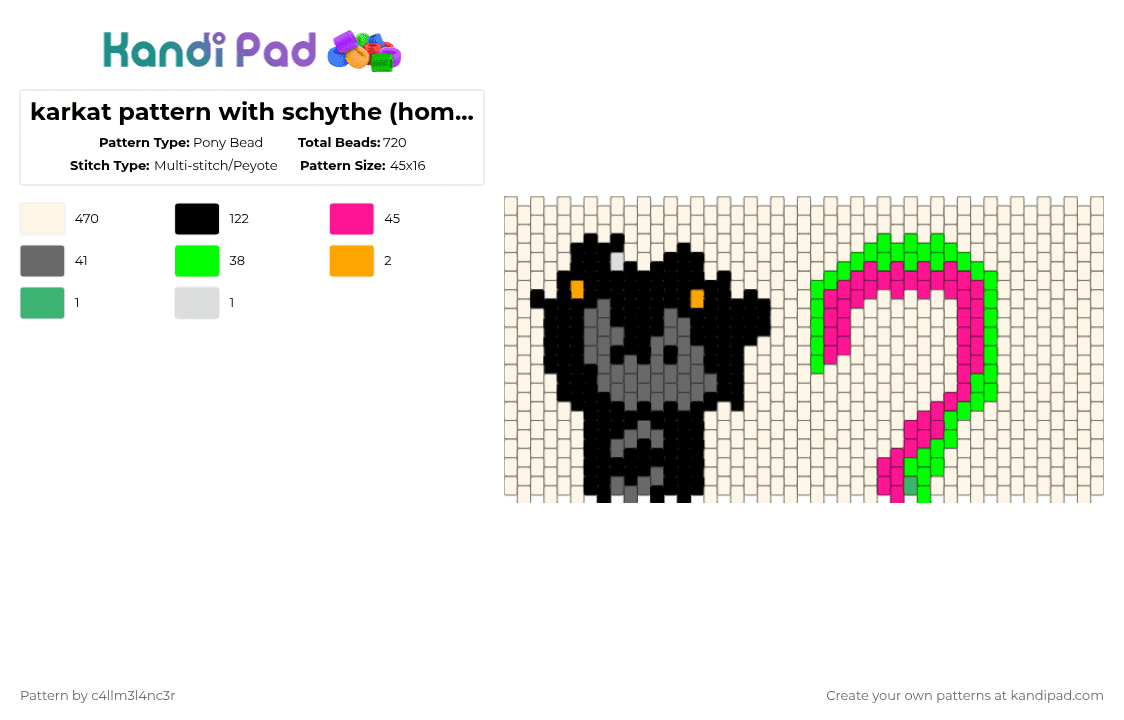 karkat pattern with schythe (homestuck) - Pony Bead Pattern by c4llm3l4nc3r on Kandi Pad - white,green,pink,gray