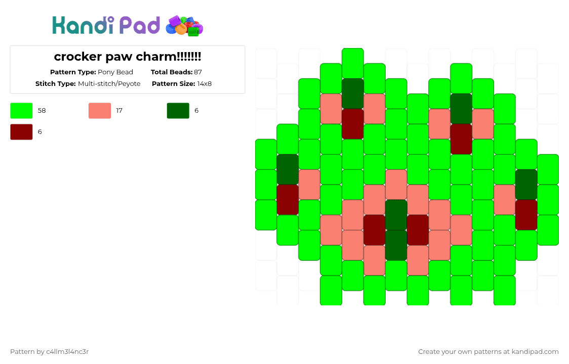 crocker paw charm!!!!!!! - Pony Bead Pattern by c4llm3l4nc3r on Kandi Pad - green