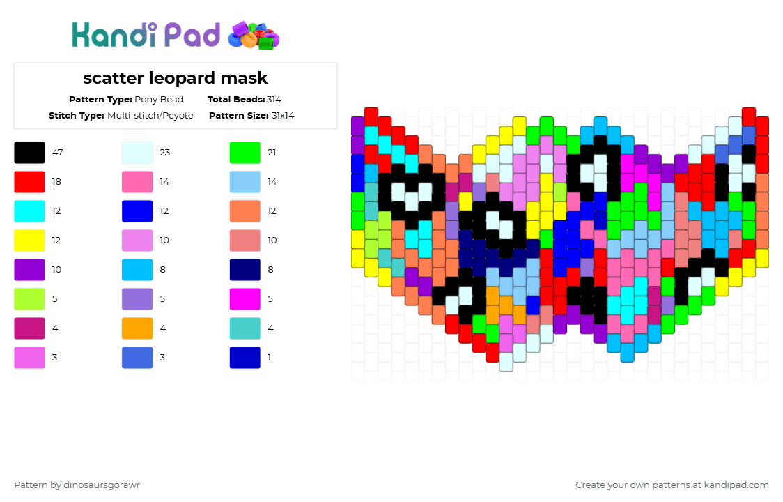 scatter leopard mask - Pony Bead Pattern by dinosaursgorawr on Kandi Pad - red,light blue,colorful,scene,mask,silly,xd,newcreator,kandi,ponybead,rainbow