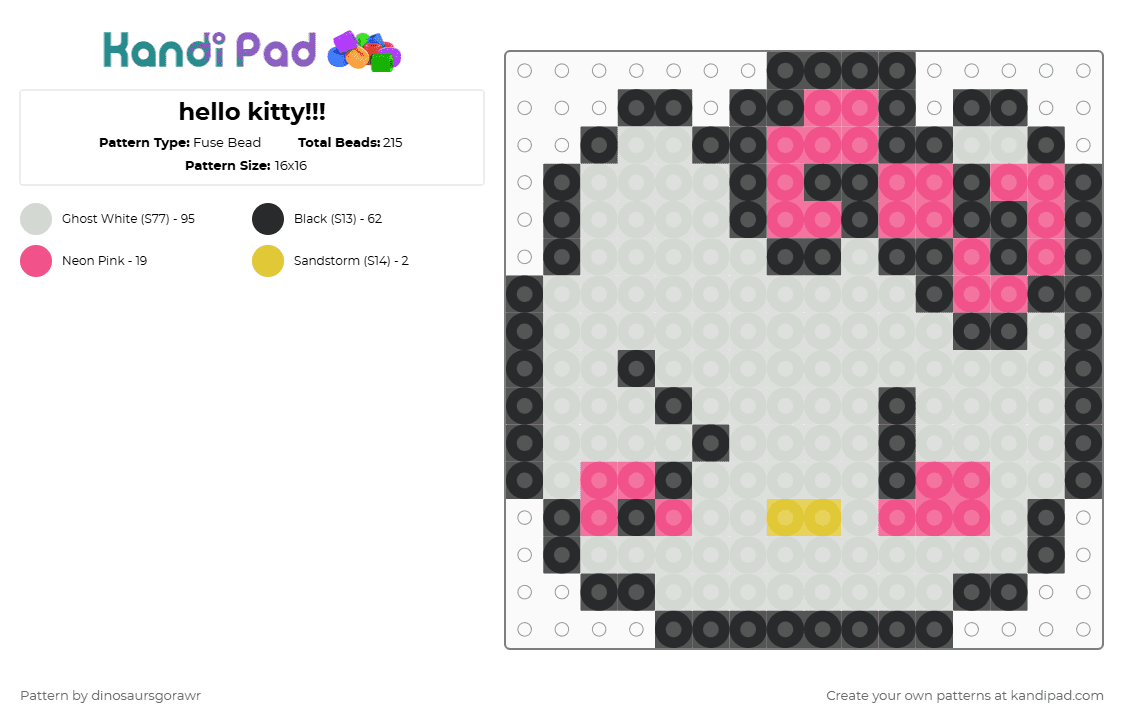 hello kitty!!! - Fuse Bead Pattern by dinosaursgorawr on Kandi Pad - white,pink,silly,hellokitty,sanrio,remixed,xd,kandikid,kandipad,kitty