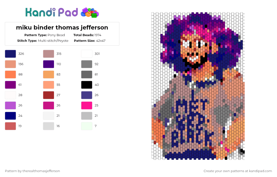 miku binder thomas jefferson - Pony Bead Pattern by therealthomasjefferson on Kandi Pad - purple,beige,orange,hamilton,jefferson,miku