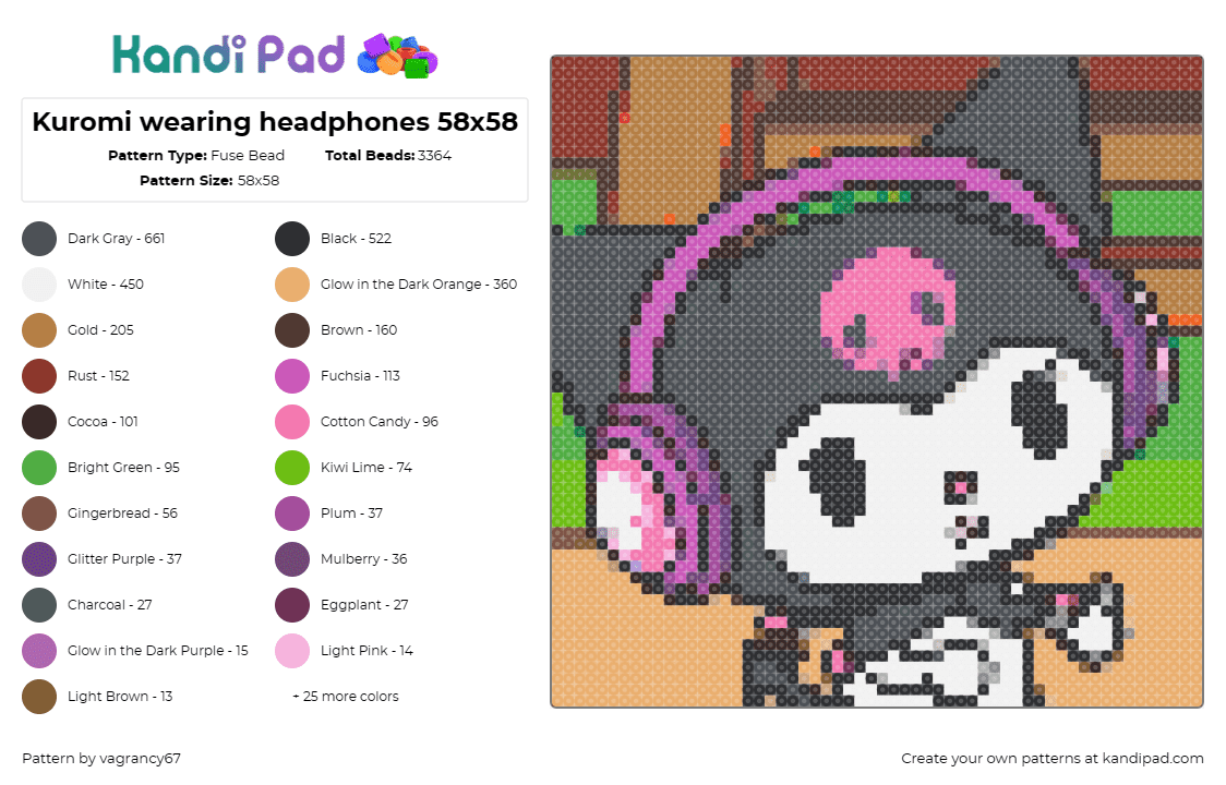 Kuromi wearing headphones 58x58 - Fuse Bead Pattern by vagrancy67 on Kandi Pad - kuromi,headphones,sanrio,character,music,kawaii,pink,white,black
