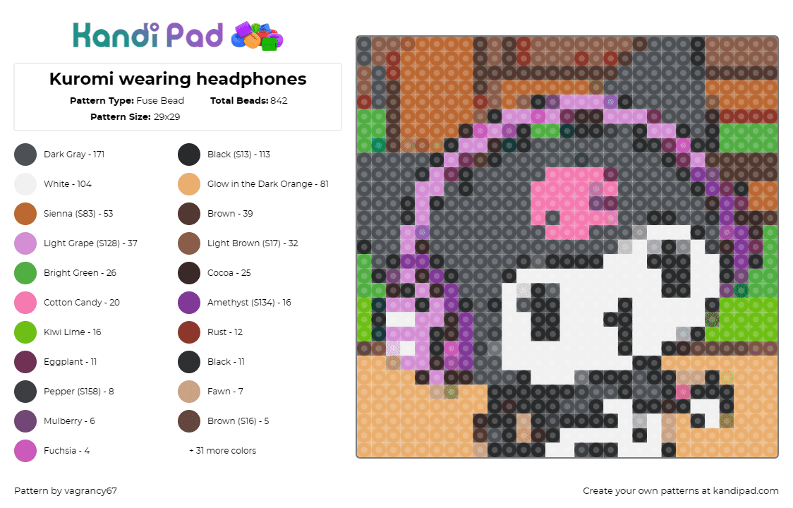 Kuromi wearing headphones - Fuse Bead Pattern by vagrancy67 on Kandi Pad - kuromi,headphones,sanrio,character,music,kawaii,pink,black