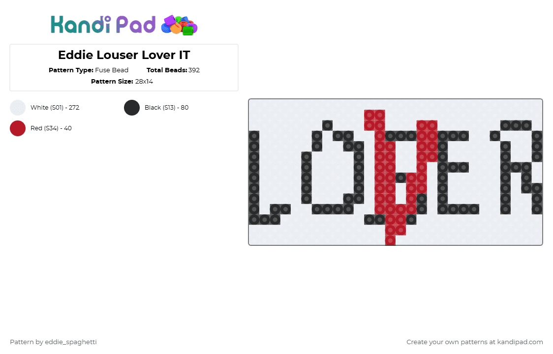 Eddie Louser Lover IT - Fuse Bead Pattern by eddie_spaghetti on Kandi Pad - white,horror,eddie,it,horror movie