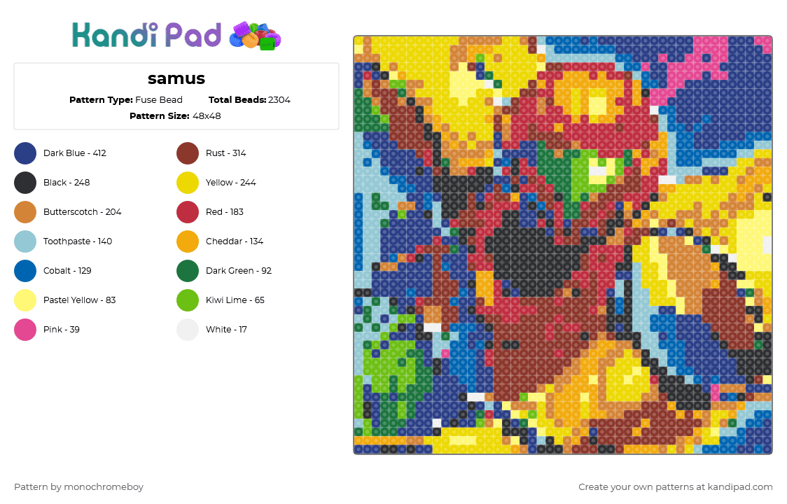 samus - Fuse Bead Pattern by monochromeboy on Kandi Pad - blue, orange, red, yellow