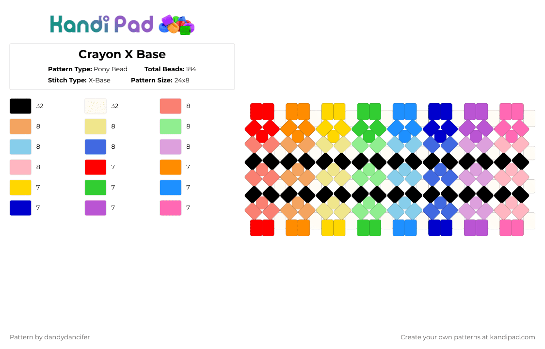 Crayon X Base - Pony Bead Pattern by glaceicus on Kandi Pad - crayon, cuff, light blue, nostalgia, orange, pink, rainbow, yellow