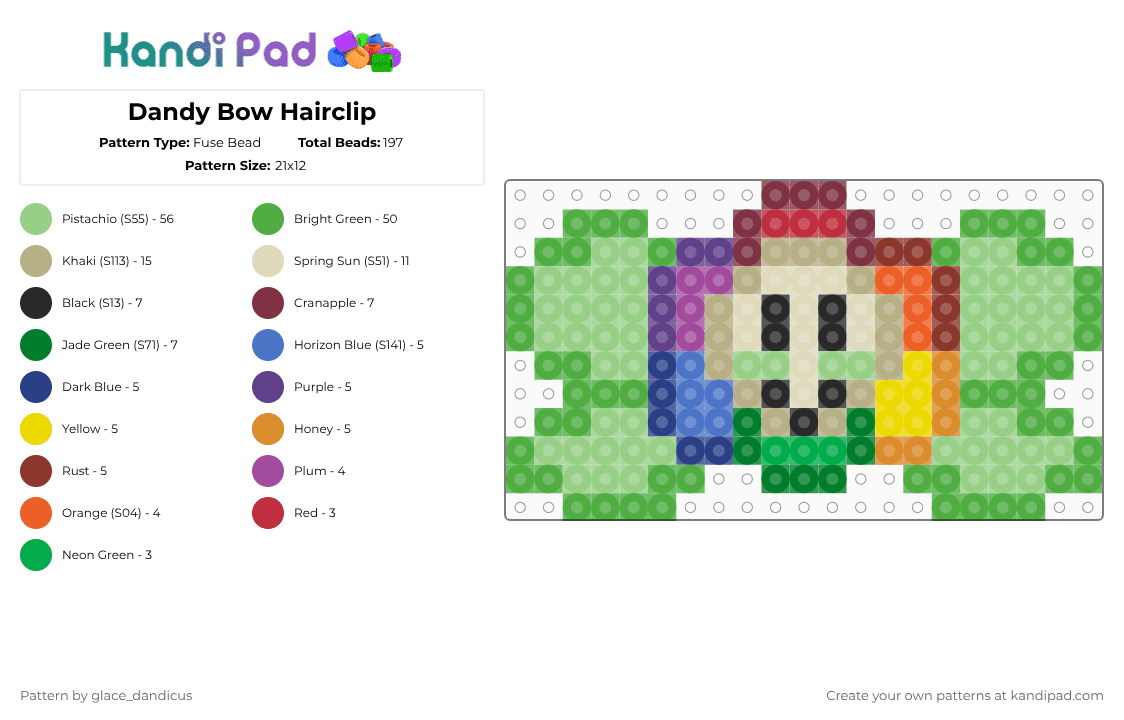 Dandy Bow Hairclip - Fuse Bead Pattern by glaceicus on Kandi Pad - beige,teal,green,rainbow,flower,bow,hairclip,dandy,dandysworld