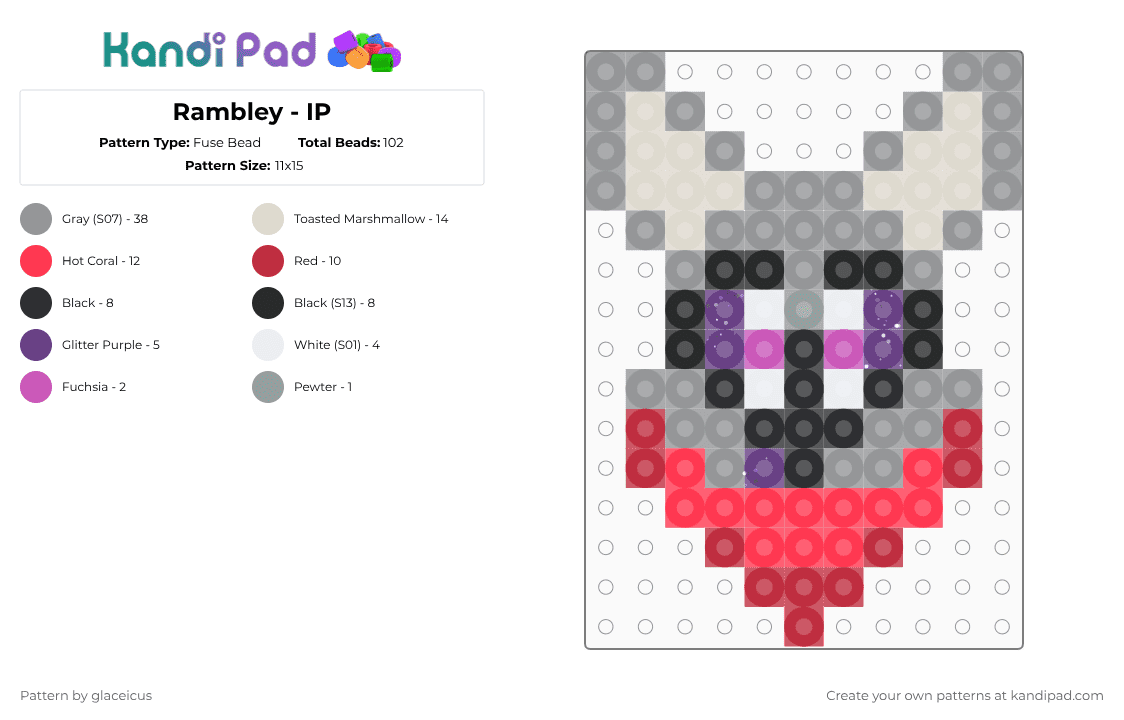 Rambley - IP - Fuse Bead Pattern by glaceicus on Kandi Pad - cotdraccoons, gray, grey, indigo part, ip, purple, racoon, rambley, red
