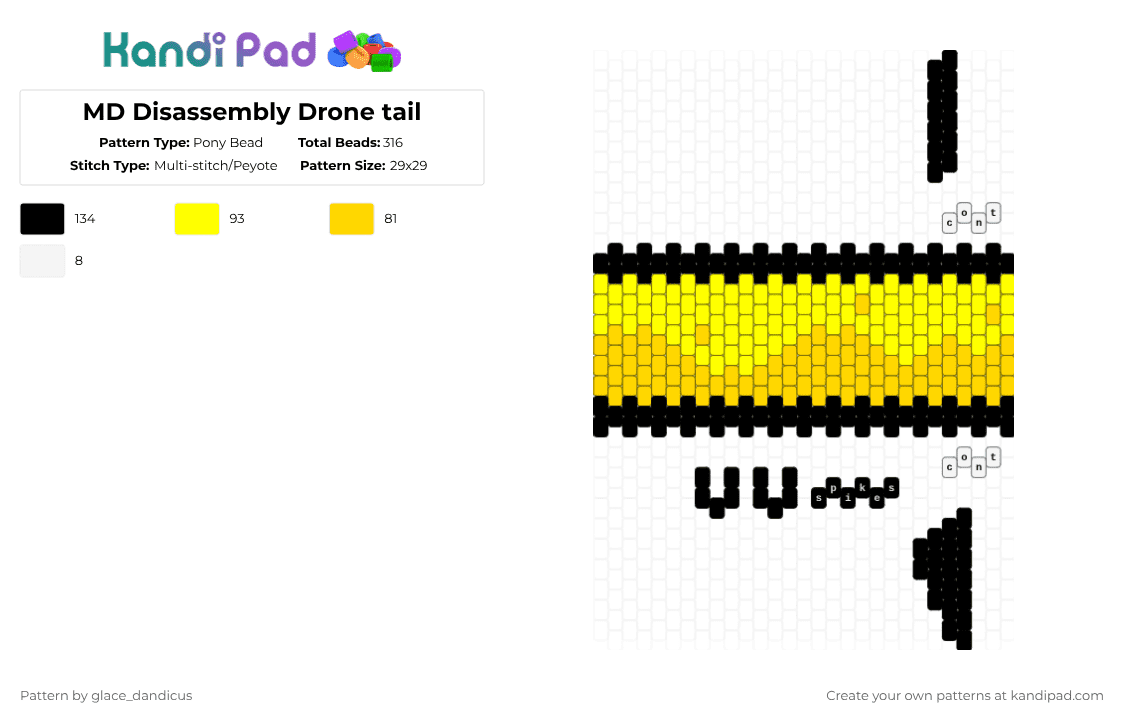 MD Disassembly Drone tail - Pony Bead Pattern by glaceicus on Kandi Pad - yellow,md,murderdrones,disassembly,disassemblydrone,cosplay,drone,n,v