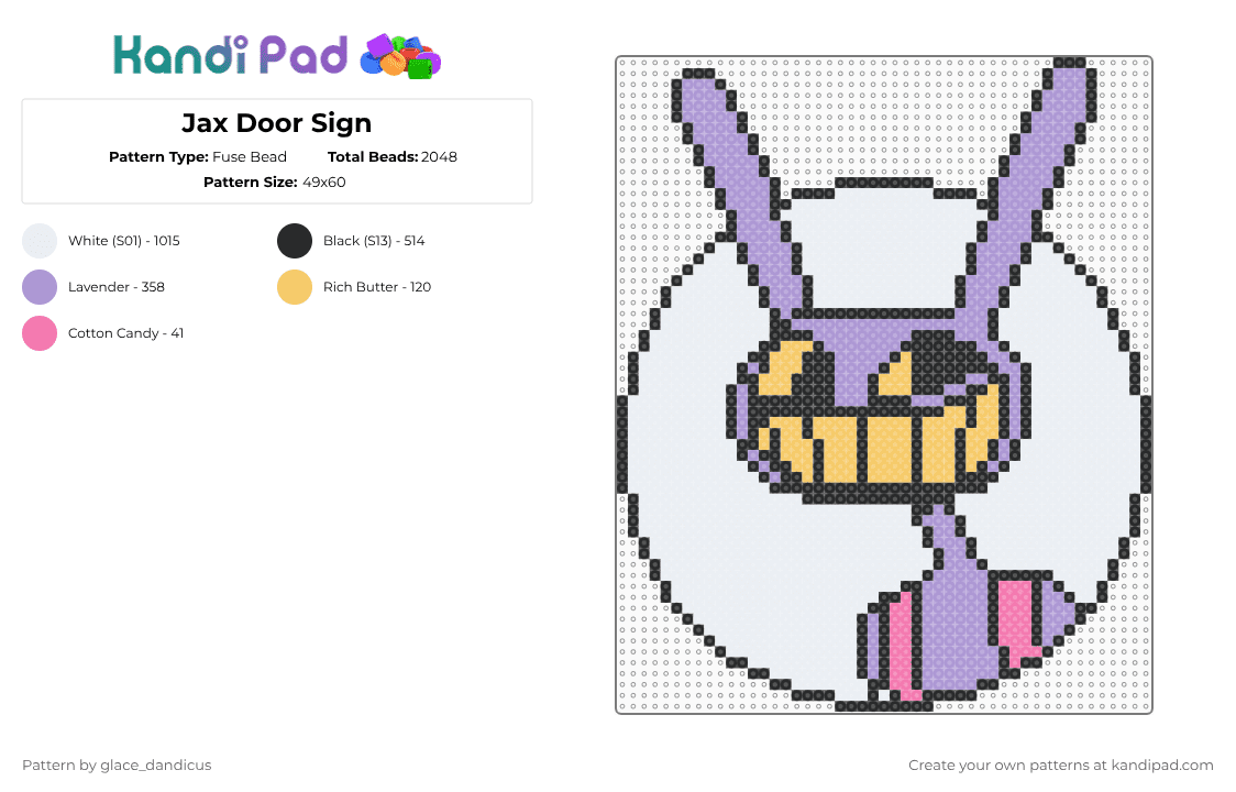 Jax Door Sign - Fuse Bead Pattern by glaceicus on Kandi Pad - white,pink,the amazing digital circus,tadc,jax,purple,rabbit,digital circus