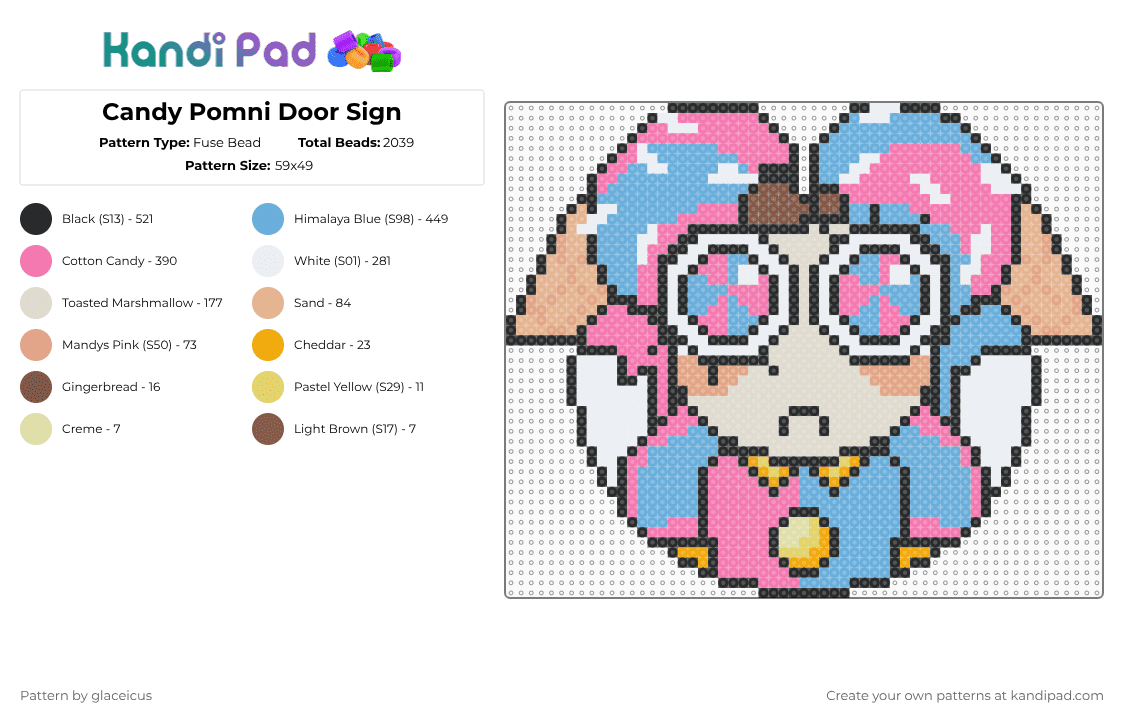 Candy Pomni Door Sign - Fuse Bead Pattern by glaceicus on Kandi Pad - light blue,pink,beige,tadc,candy,pomni,blue,digital circus,the amazing digital circus,sign
