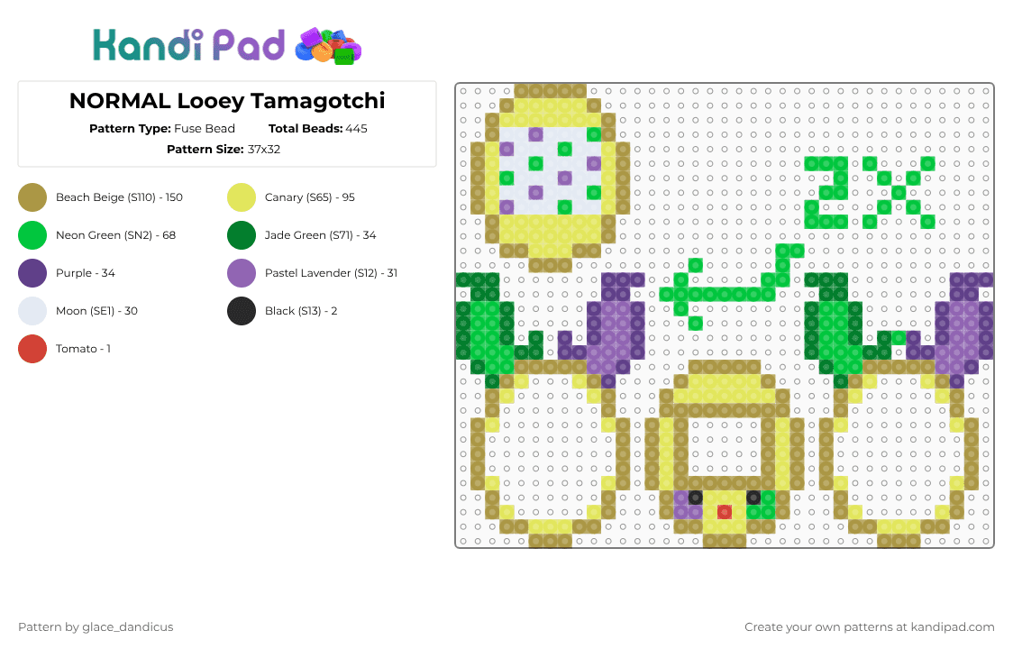 NORMAL Looey Tamagotchi - Fuse Bead Pattern by glaceicus on Kandi Pad - gold,yellow,green,tamagotchi,looey,purple,circus,balloon,dandys world