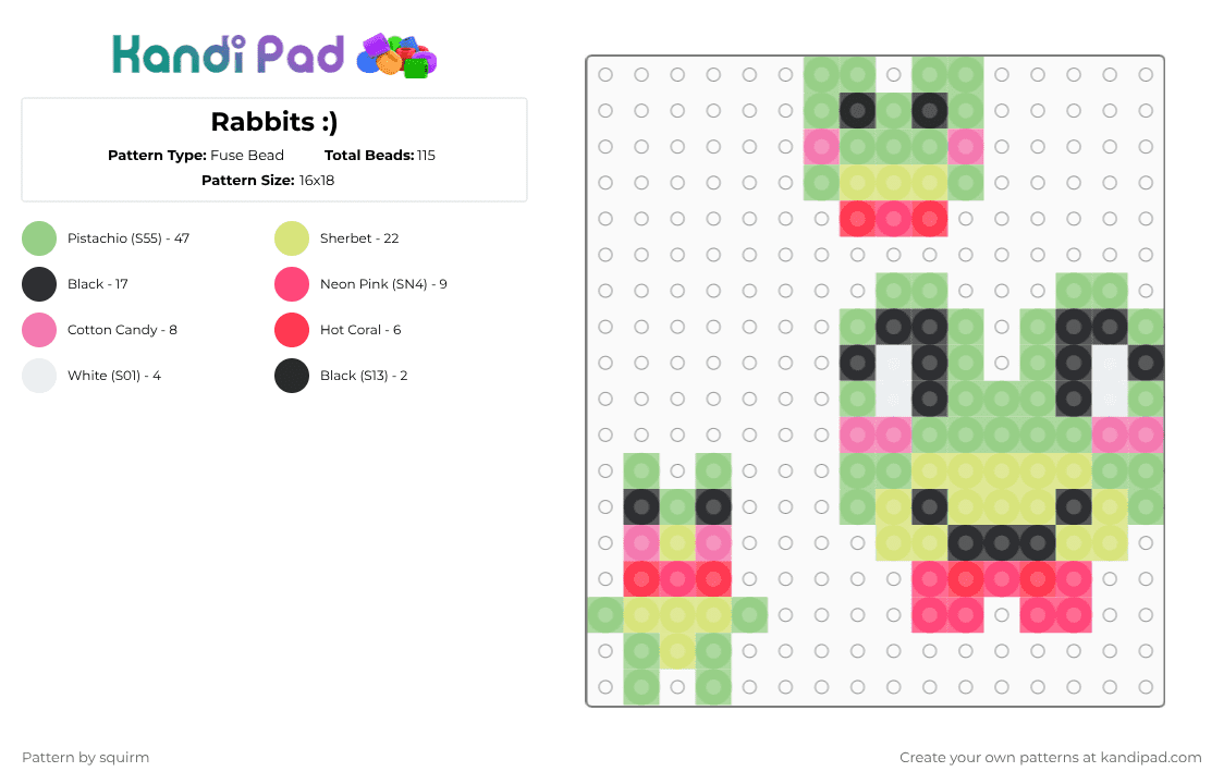 Ribbits :) - Fuse Bead Pattern by glaceicus on Kandi Pad - teal,yellow,tadc,ribbit,digital circus,frog,green,the amazing digital circus,small,pink