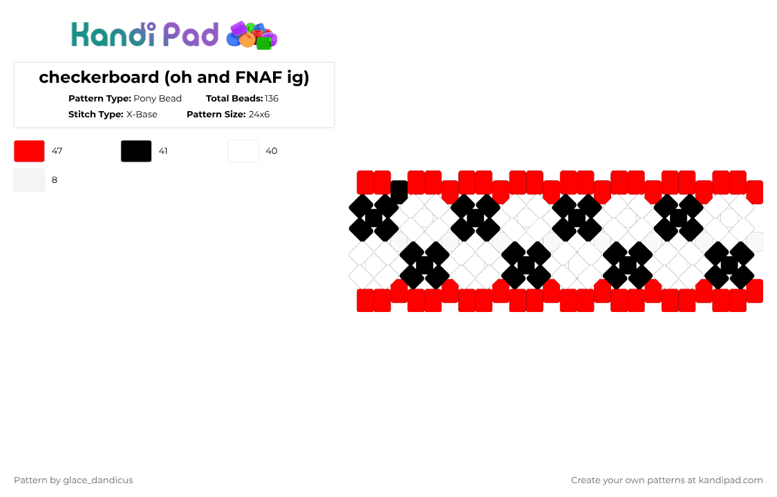 checkerboard (oh and FNAF ig) - Pony Bead Pattern by glaceicus on Kandi Pad - black, checkerboard, fnaf, red, simple, white