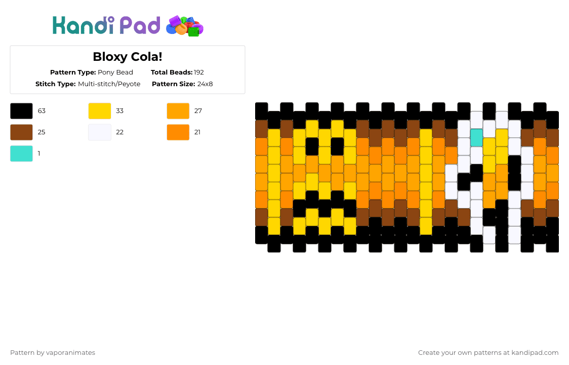 Bloxy Cola! - Pony Bead Pattern by glaceicus on Kandi Pad - yellow,orange,roblox,cola,forsaken,retro,soda