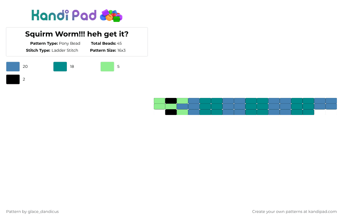 Squirm Worm!!! heh get it? - Pony Bead Pattern by glaceicus on Kandi Pad - teal,blue,worm,squirm,dandys world,dw,green,bookworm