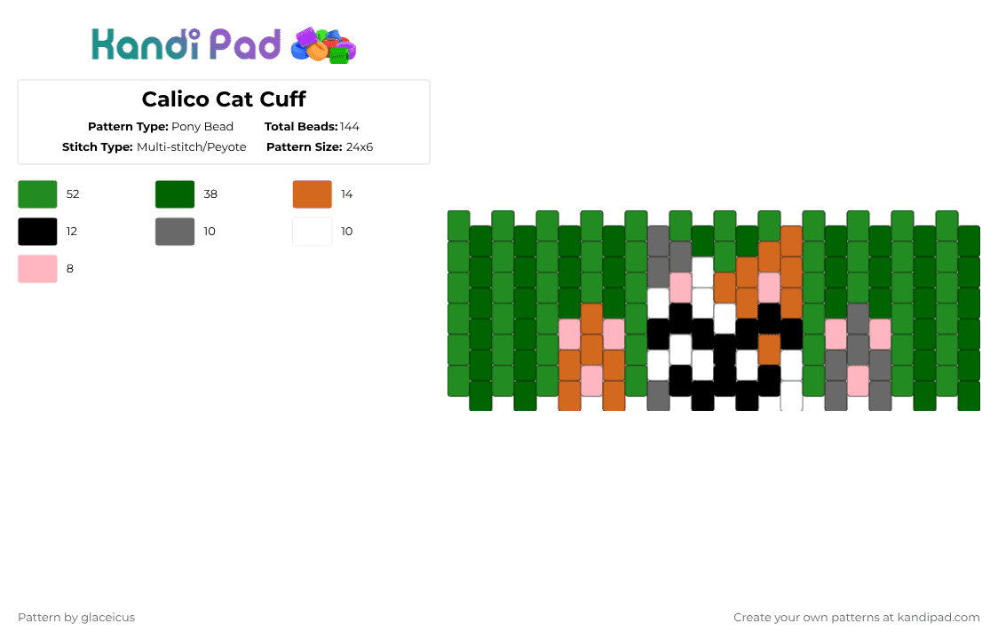 Calico Cat Cuff - Pony Bead Pattern by glaceicus on Kandi Pad - green,cotdcuteanimals,cat,calico,cuff,animal,orange,black,white