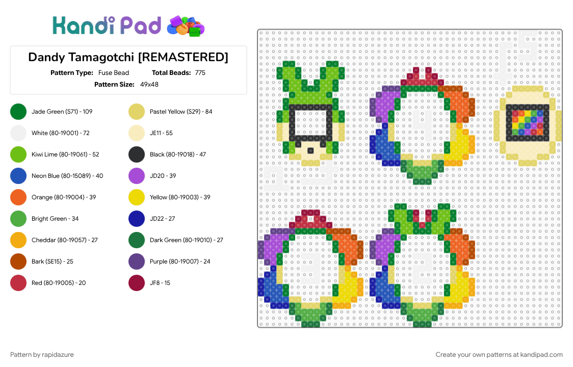 Dandy Tamagotchi [REMASTERED] - Fuse Bead Pattern by rapidazure on Kandi Pad - dandy, dandysworld, flower, green, purple, rainbow, redesign, roblox, shaker, tamagotchi, yellow